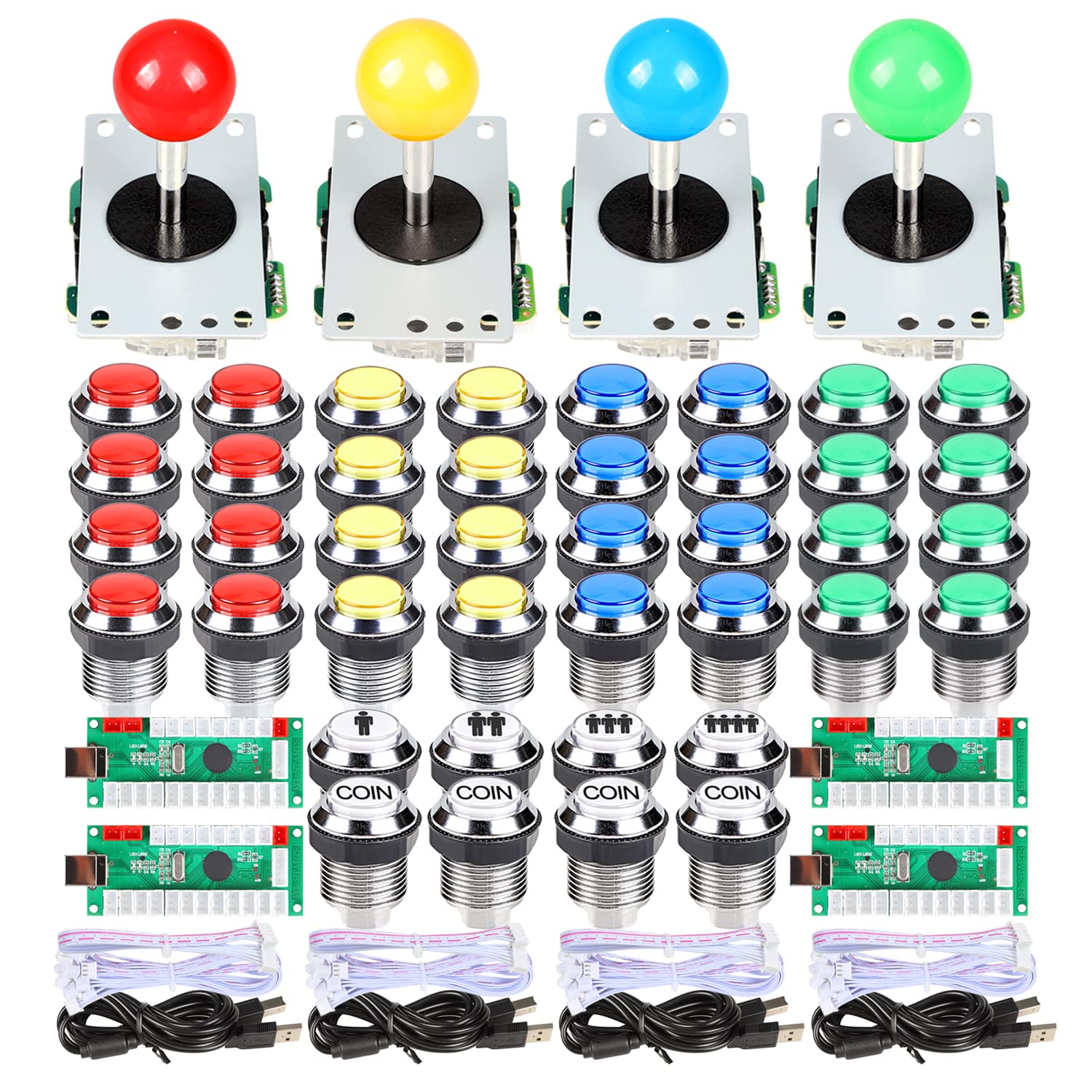 EG STARTS 4 Player LED Arcade DIY Kit USB MAME PC Game DIY & Raspberry Pi Retro Controller DIY Including 4x Arcade Joystick, 40x LED Chrome Arcade Buttons 4x Zero Delay USB Encoder