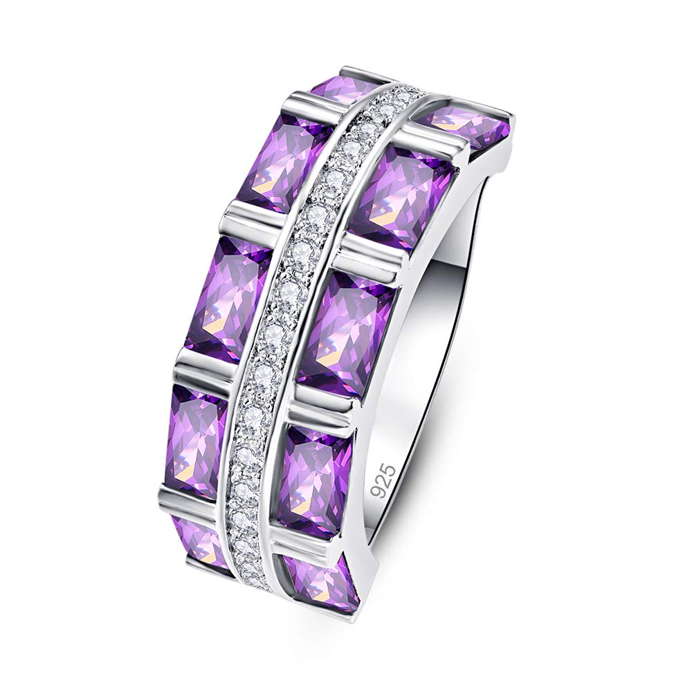 Emsione 925 Sterling Silver Plated Created Amethyst Emerald Cut CZ Pave Eternity Anniversary Wedding Engagement Band Ring Size 7