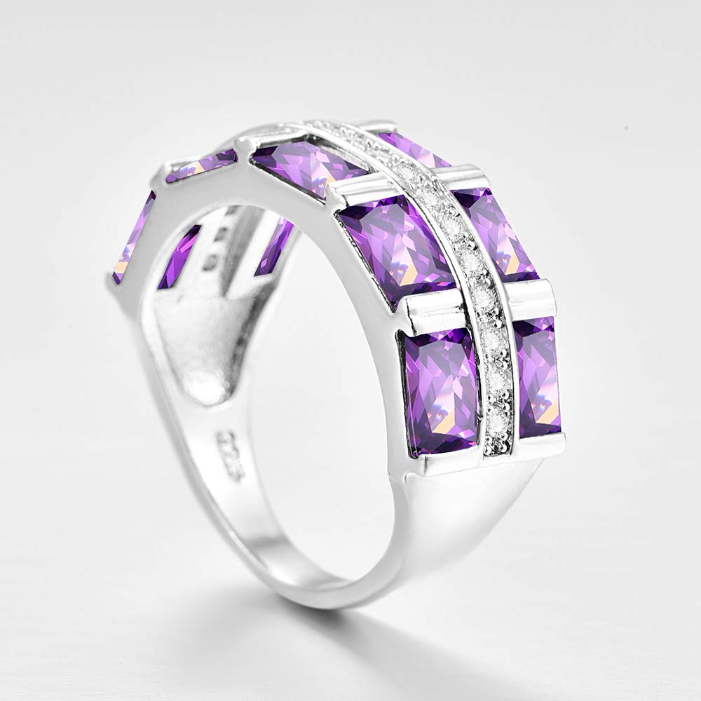 Emsione 925 Sterling Silver Plated Created Amethyst Emerald Cut CZ Pave Eternity Anniversary Wedding Engagement Band Ring Size 7