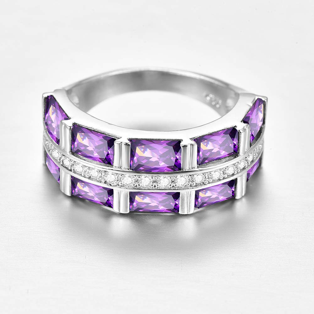 Emsione 925 Sterling Silver Plated Created Amethyst Emerald Cut CZ Pave Eternity Anniversary Wedding Engagement Band Ring Size 7