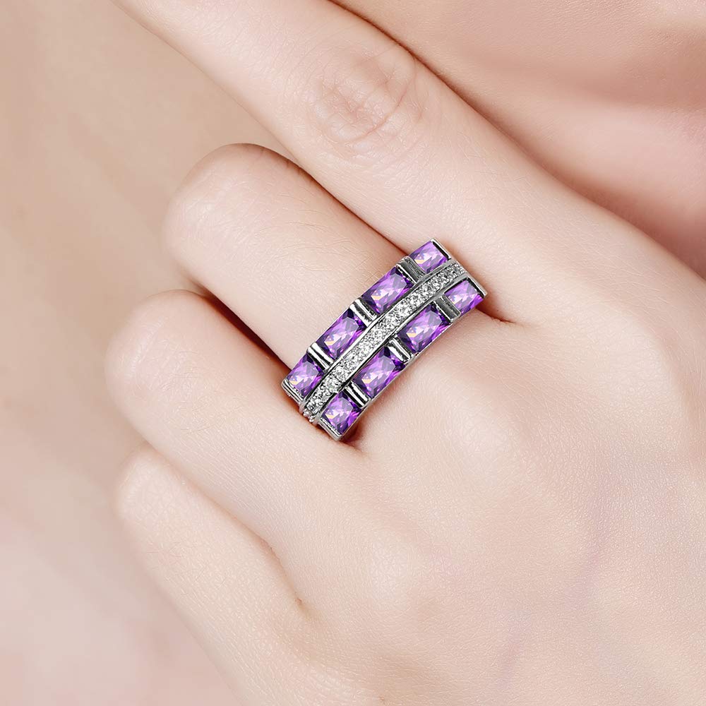 Emsione 925 Sterling Silver Plated Created Amethyst Emerald Cut CZ Pave Eternity Anniversary Wedding Engagement Band Ring Size 7