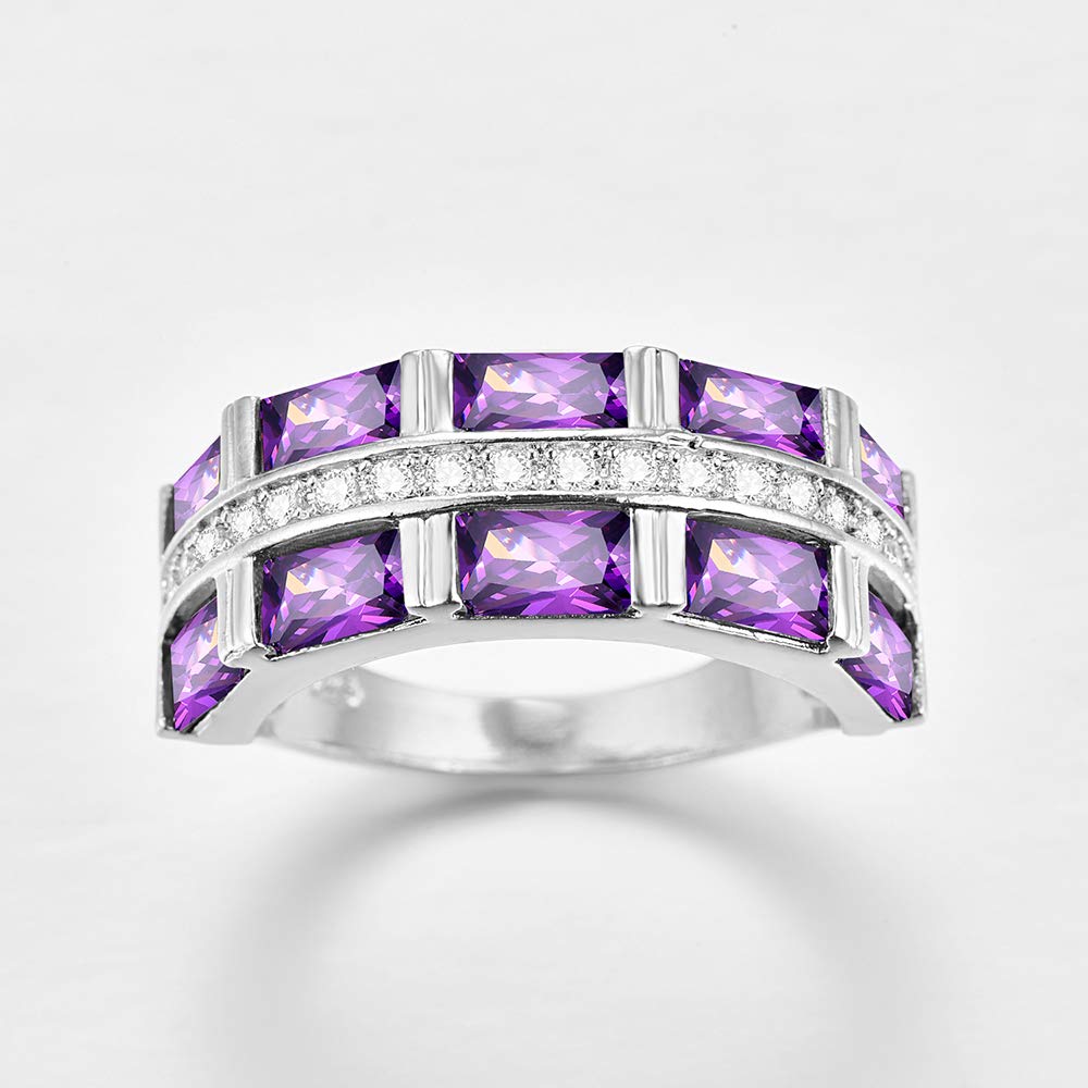 Emsione 925 Sterling Silver Plated Created Amethyst Emerald Cut CZ Pave Eternity Anniversary Wedding Engagement Band Ring Size 7