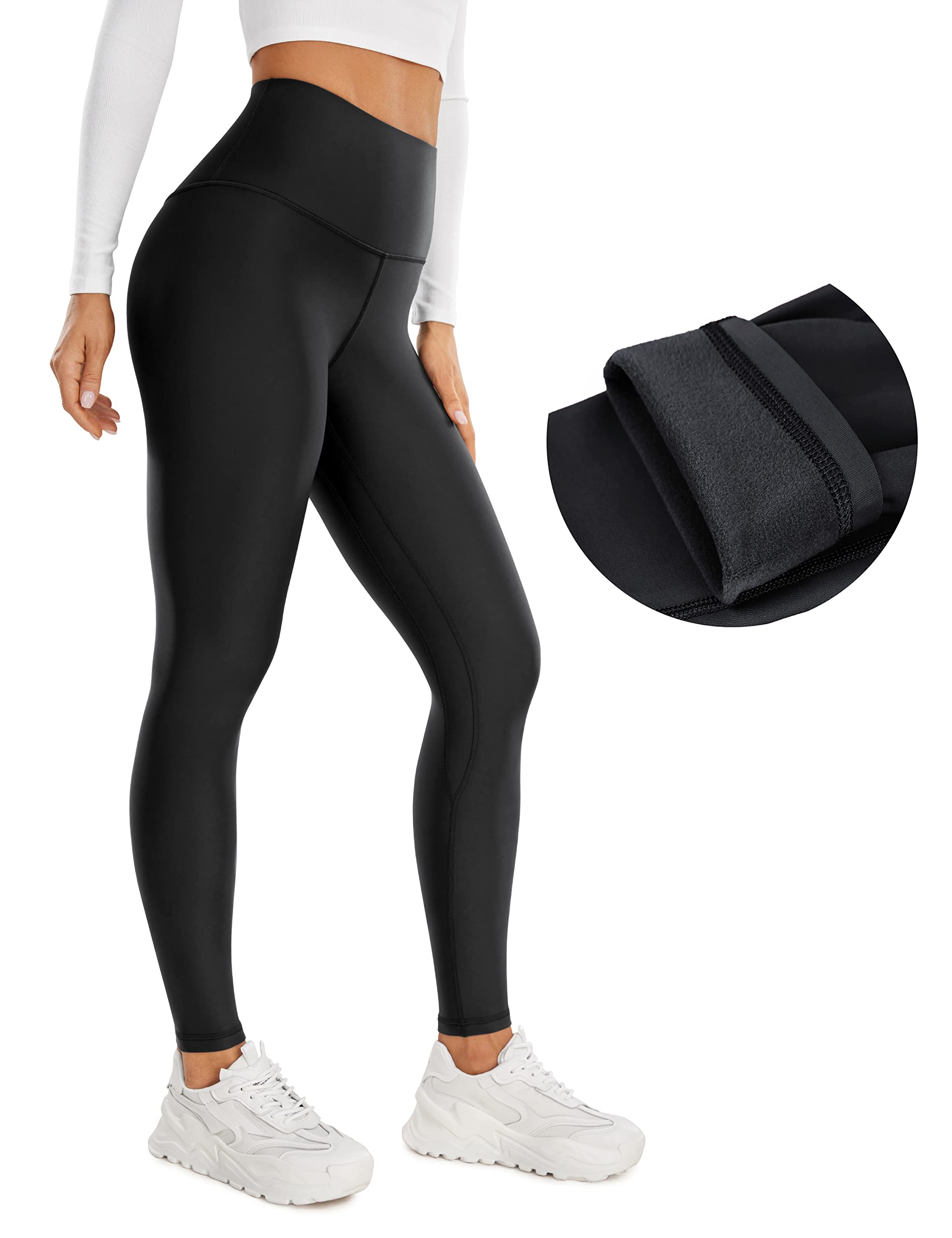 CRZ YOGA Thermal Fleece Lined Leggings Women 28'' - Winter Warm Workout Hiking Pants High Waisted Yoga Tights Full Length Black Large