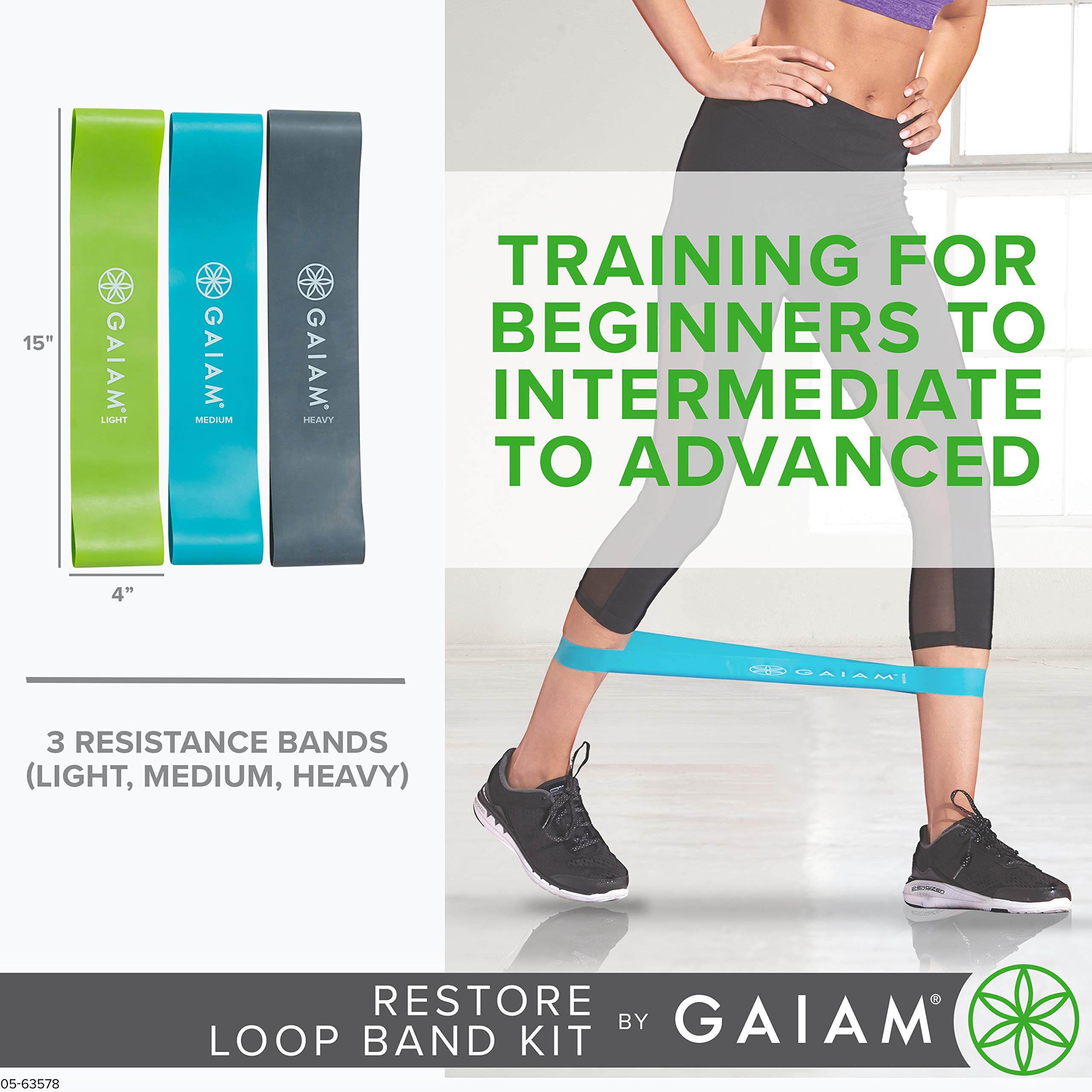 Gaiam Restore Mini Band Kit, Set of 3, Light, Medium, Heavy Lower Body Loop Resistance Bands for Legs and Booty Exercises & Workouts, 15" x 4" Bands