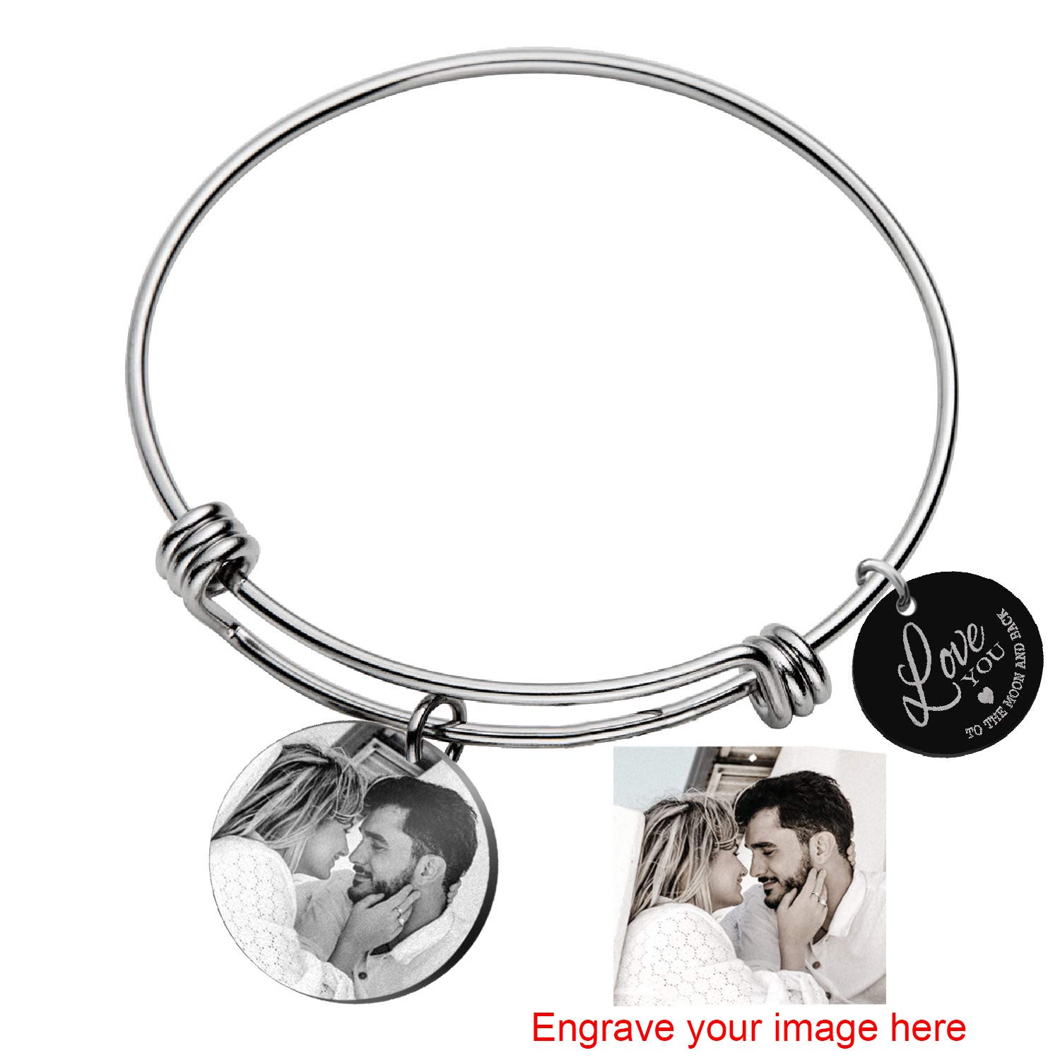 Qina C Personalized Photo Picture Custom Love Note Charms Adjustable Expandable Wire Jewelry Bangle Bracelet For Girlfriend Wife Mom Sister Valentines Anniversary Birthday Gift