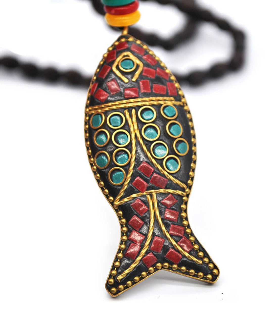 Fish Long Necklace Handmade Turquoise Wood Beads Necklace for Women Fashion Jewelry (Fish pendant)