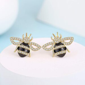 LAZLUVU Bee Earrings for Women 14K Gold Studs Earrings Cubic Zirconia Earrings Cute Bumble Bee Earrings Honey Bee gifts for Teen Girls