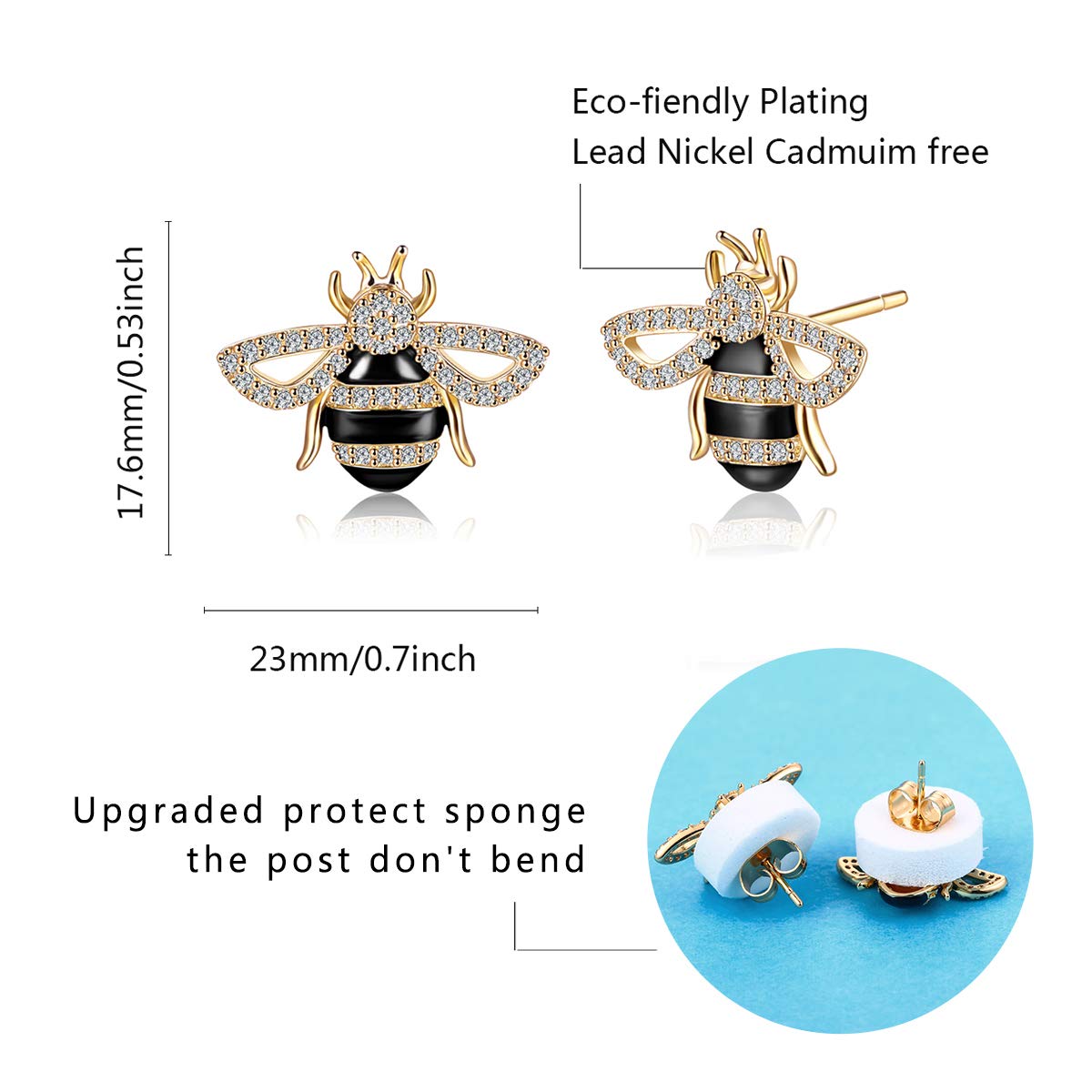 LAZLUVU Bee Earrings for Women 14K Gold Studs Earrings Cubic Zirconia Earrings Cute Bumble Bee Earrings Honey Bee gifts for Teen Girls