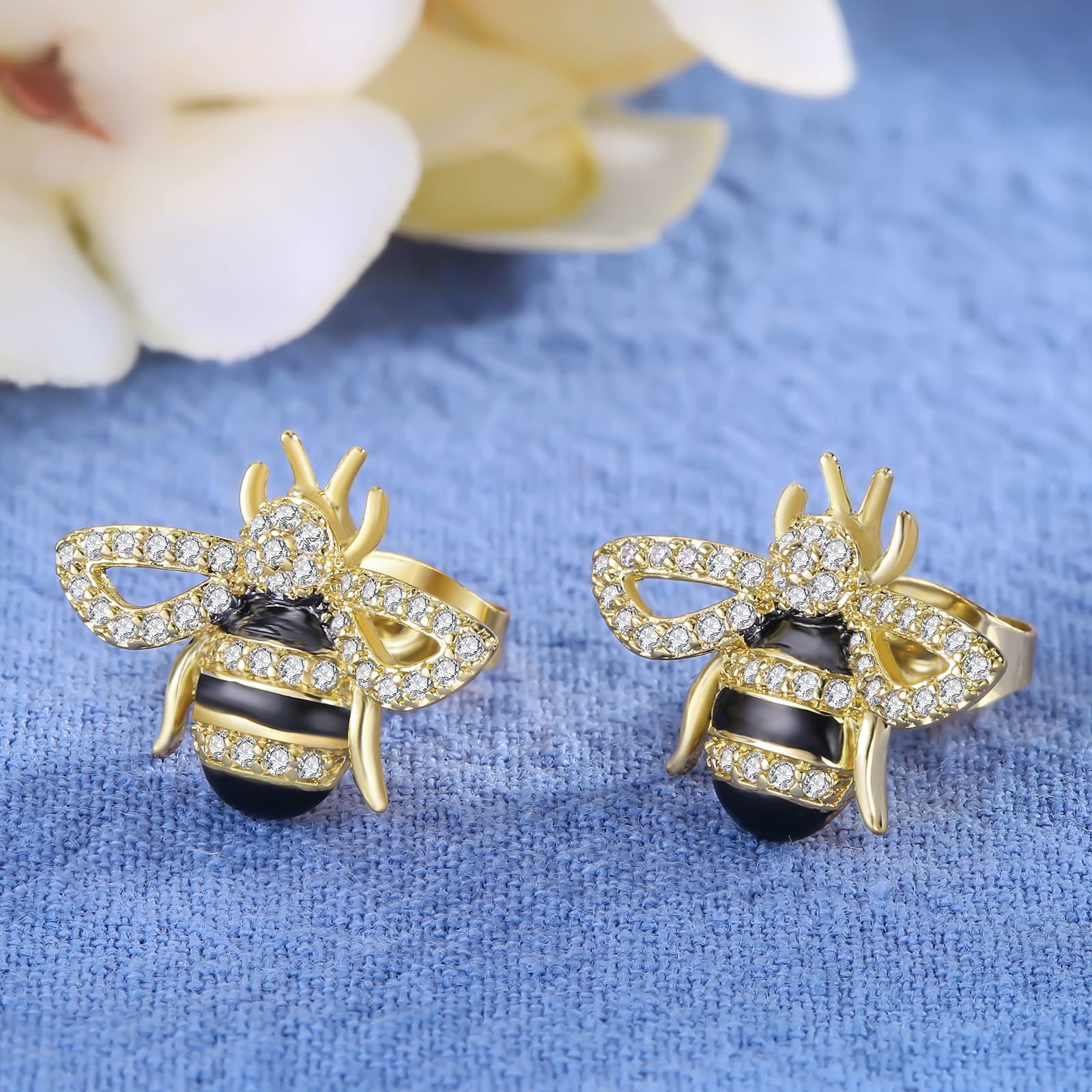 LAZLUVU Bee Earrings for Women 14K Gold Studs Earrings Cubic Zirconia Earrings Cute Bumble Bee Earrings Honey Bee gifts for Teen Girls