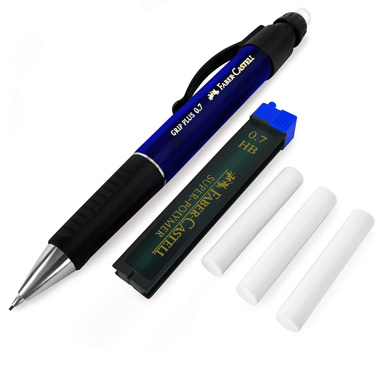 Faber-Castell Grip Plus Mechanical Pencil - 0.7mm - Blue Barrel + Super-Polymer 0.7mm HB Leads + Eraser Refills