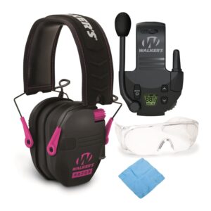 walker’s razor slim electronic shooting muff (black-pink) bundle with walkie talkie, otg shooting glasses, and cleaning cloth (4 items)