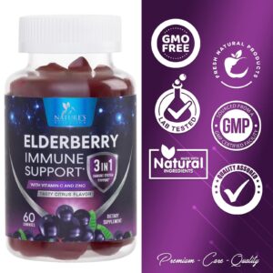 Sambucus Elderberry Immune Gummies, Daily Immune Support with Vitamin C, Vitamin D3, Zinc, Immune Support Gummy Vitamin Supplement, Black Elderberry for Adults, Kid, Gluten Free Non-GMO - 60 Gummies