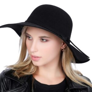 Lanzom Women Lady Retro Wide Brim Large Floppy Panama Hat Belt Wool Fedora Hat (Black 2, One Size)