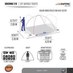 NTK Arizona GT 8 Person Tent for Camping | 14x8 ft Camping Tent with 100% Waterproof Dome, Breathable Mesh, 2 Doors & 2 Windows | Outdoor Tent | 2500 mm Warm & Cold Weather Family Tent