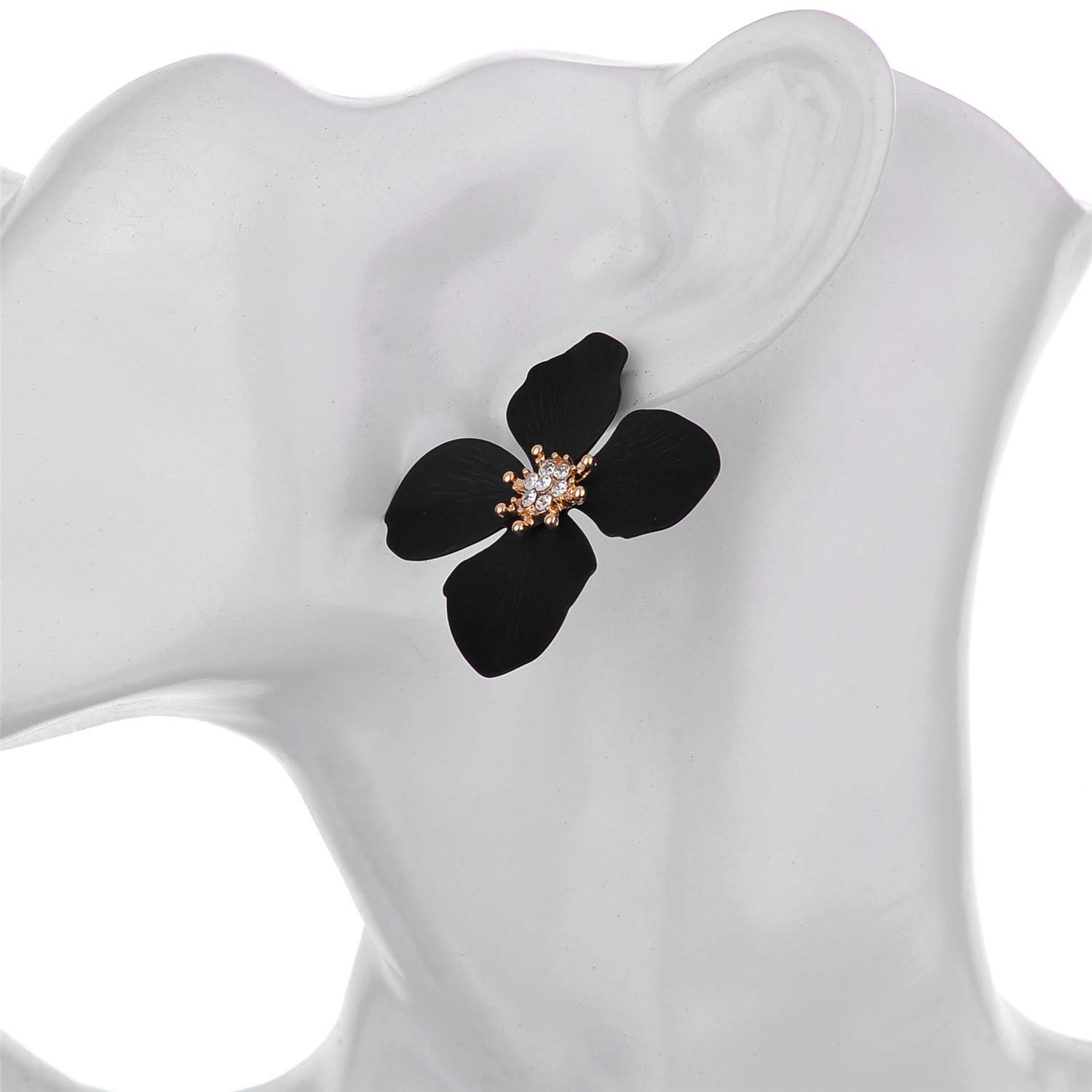 Nicole Miller New York Black Four Leaf Flower Goldtone Center Crystal Rhinestone Stud Earrings