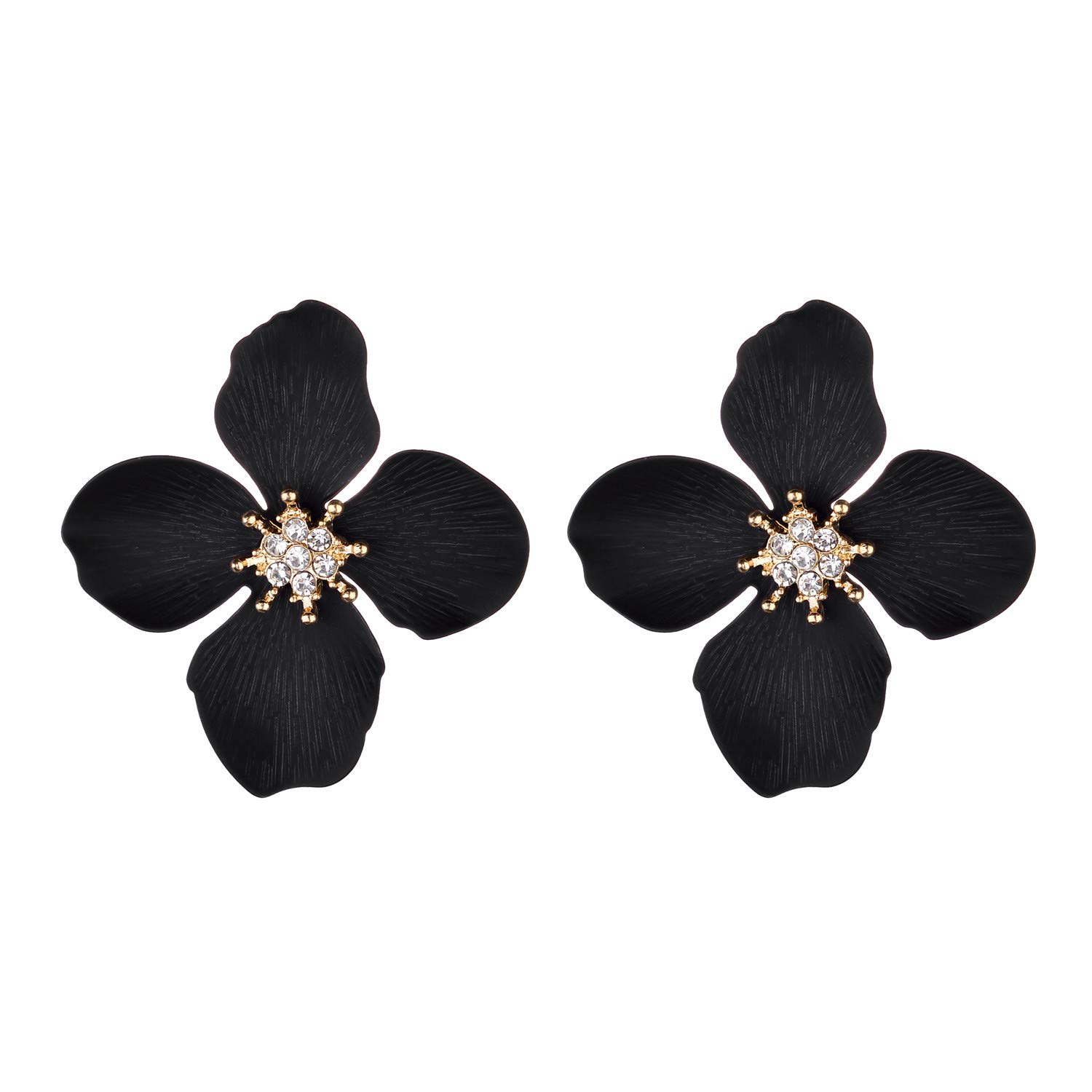 Nicole Miller New York Black Four Leaf Flower Goldtone Center Crystal Rhinestone Stud Earrings