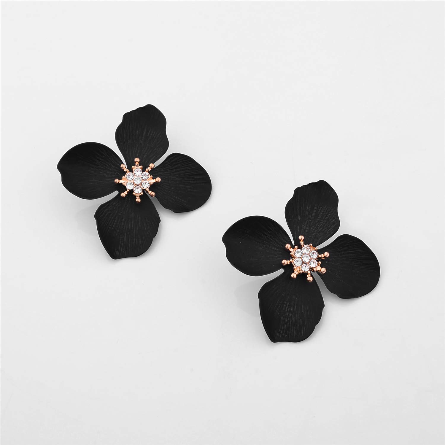 Nicole Miller New York Black Four Leaf Flower Goldtone Center Crystal Rhinestone Stud Earrings