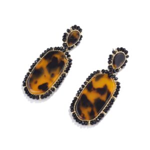 Nicole Miller New York Large Leopard Print Oblong Shaped Acrylic Black Beads Fashion Dangle Earrings