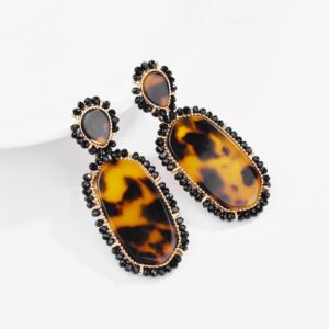 Nicole Miller New York Large Leopard Print Oblong Shaped Acrylic Black Beads Fashion Dangle Earrings