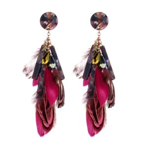 nicole miller new york round maroon resin acrylic fuscia pink feathers rosegold dangle earrings