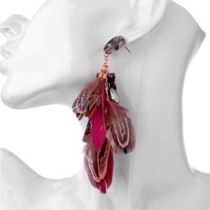 Nicole Miller New York Round Maroon Resin Acrylic Fuscia Pink Feathers Rosegold Dangle Earrings