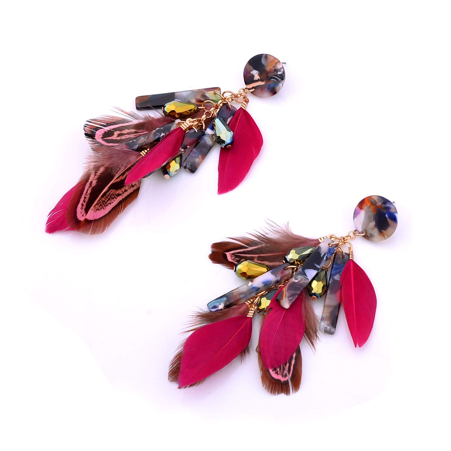 Nicole Miller New York Round Maroon Resin Acrylic Fuscia Pink Feathers Rosegold Dangle Earrings