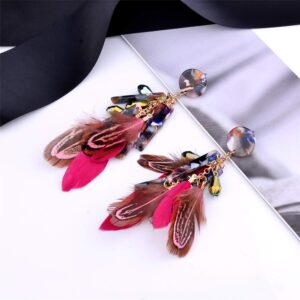 Nicole Miller New York Round Maroon Resin Acrylic Fuscia Pink Feathers Rosegold Dangle Earrings