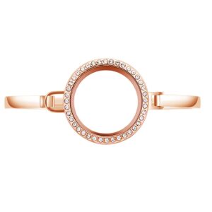 BG247 Stainless Steel 30mm Glass Floating Memory Living Locket Bangle Bracelet (Rose Gold Rhinestone Circle, 8)