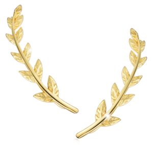 ✦mothers day gifts✦ s925 sterling silver 14k gold plated crawler cuff leaf stud earrings climber hoop jacket earrings for women hypoallergenic with box packing (gold-2)