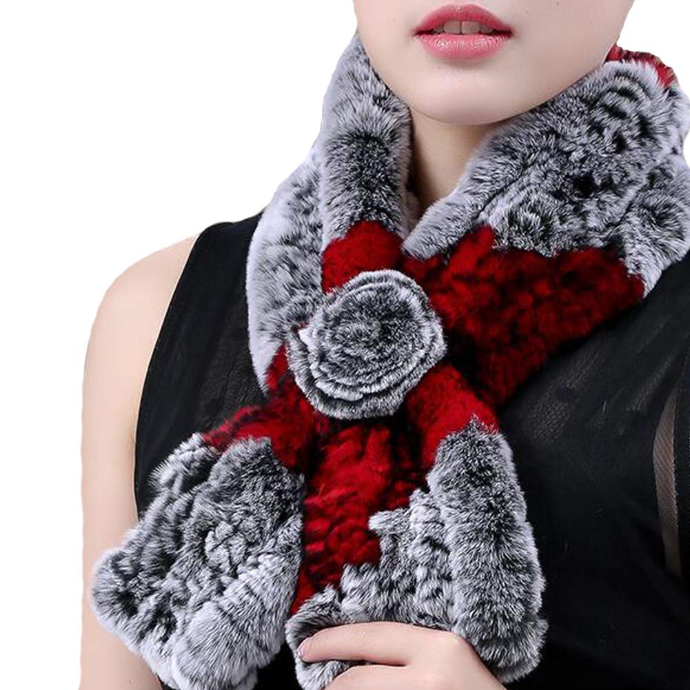 Valpeak Real Fur Scarves Women Winter Fur Neck Warmer Scarf Cold Weather Rabbit Knitted Fuzzy Fluffy (graywithred)