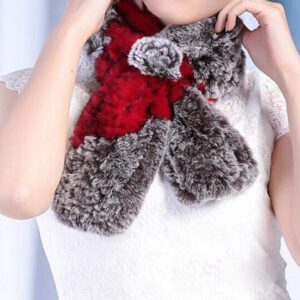 Valpeak Real Fur Scarves Women Winter Fur Neck Warmer Scarf Cold Weather Rabbit Knitted Fuzzy Fluffy (graywithred)