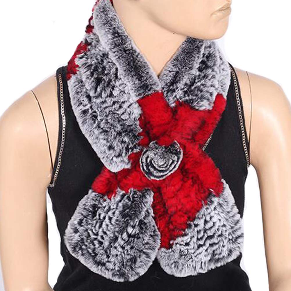 Valpeak Real Fur Scarves Women Winter Fur Neck Warmer Scarf Cold Weather Rabbit Knitted Fuzzy Fluffy (graywithred)