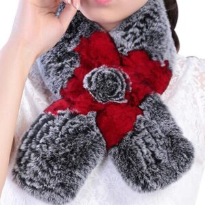 Valpeak Real Fur Scarves Women Winter Fur Neck Warmer Scarf Cold Weather Rabbit Knitted Fuzzy Fluffy (graywithred)