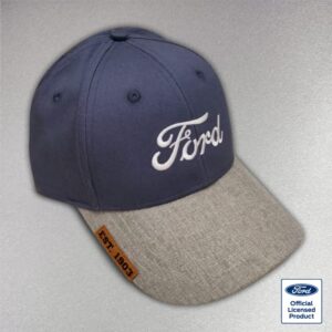 Ford Vintage Script Chino Twill Adjustable Baseball Cap, Blue and Grey