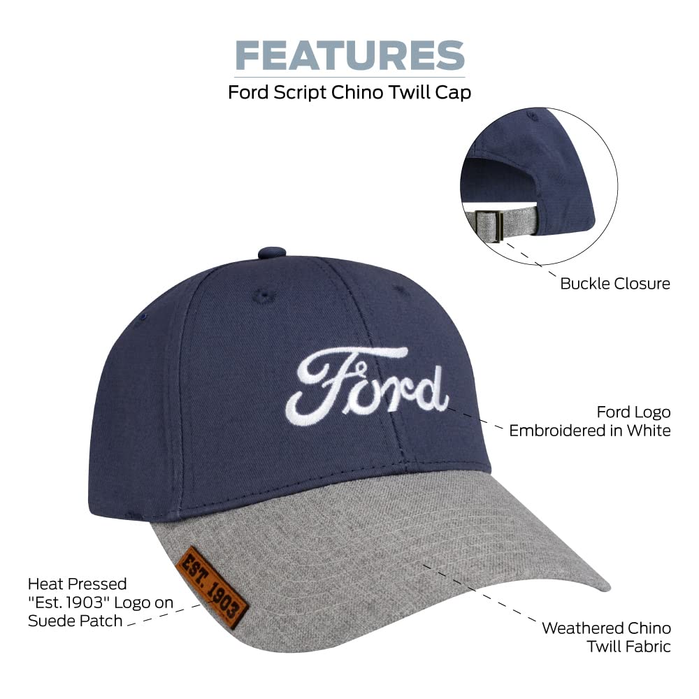 Ford Vintage Script Chino Twill Adjustable Baseball Cap, Blue and Grey