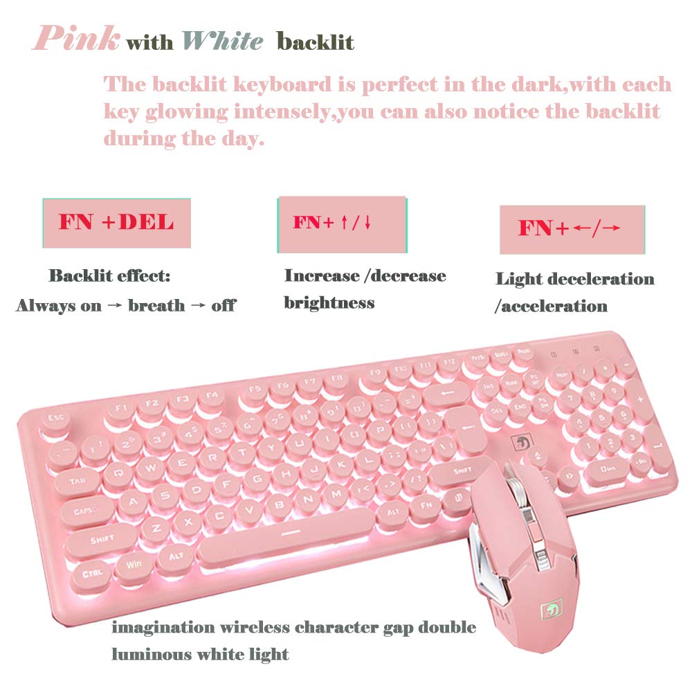 Gaming Keyboard and Mouse,Soke-Six 2.4G Wireless Retro Punk Typewriter-Style Backlit Keyboard Mice Combo,4800mAh Battery,Mechanical Feel,Anti-ghosting,Crystal Panel Round Keycaps (Pink+White Light)