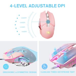 Gaming Keyboard and Mouse,Soke-Six 2.4G Wireless Retro Punk Typewriter-Style Backlit Keyboard Mice Combo,4800mAh Battery,Mechanical Feel,Anti-ghosting,Crystal Panel Round Keycaps (Pink+White Light)