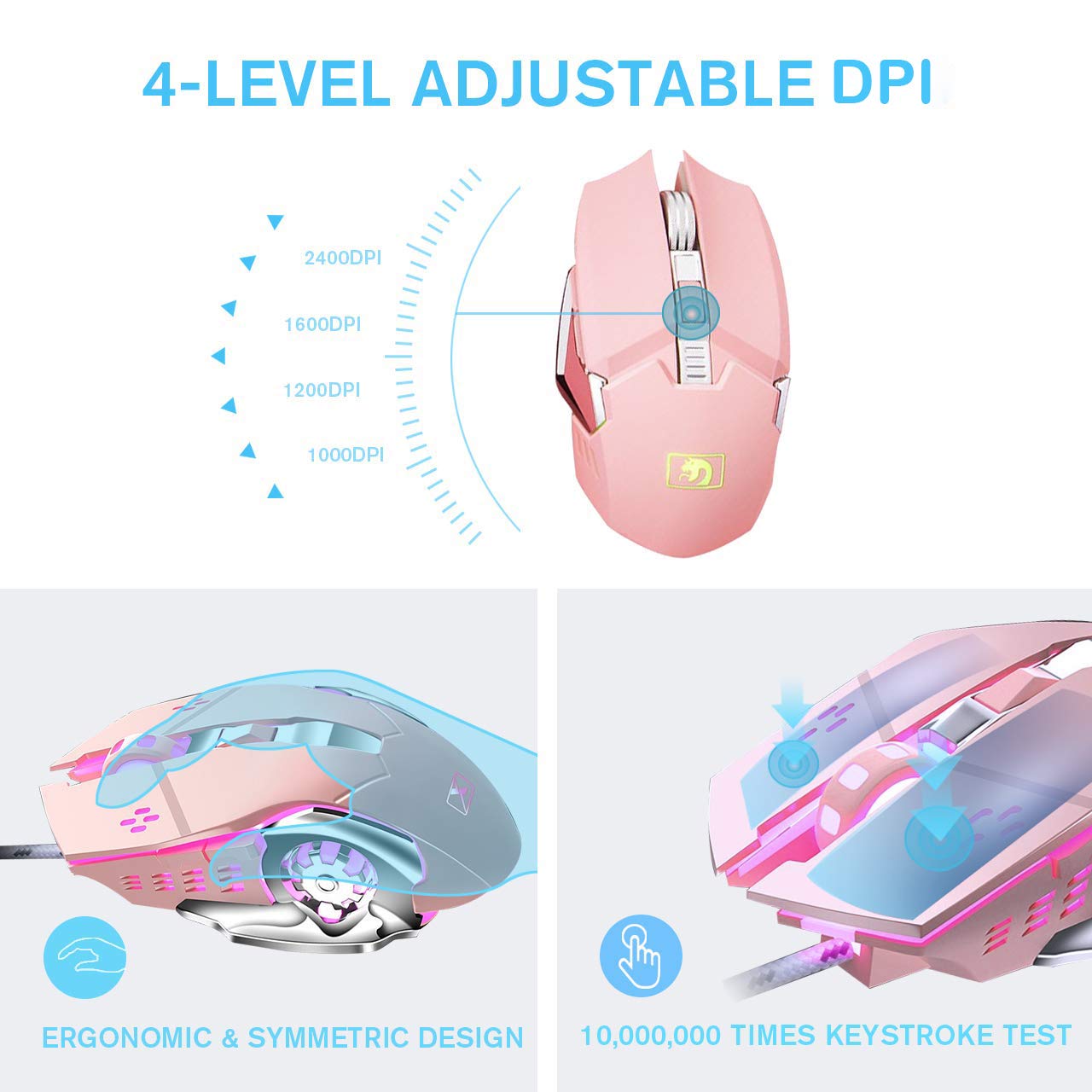 Gaming Keyboard and Mouse,Soke-Six 2.4G Wireless Retro Punk Typewriter-Style Backlit Keyboard Mice Combo,4800mAh Battery,Mechanical Feel,Anti-ghosting,Crystal Panel Round Keycaps (Pink+White Light)