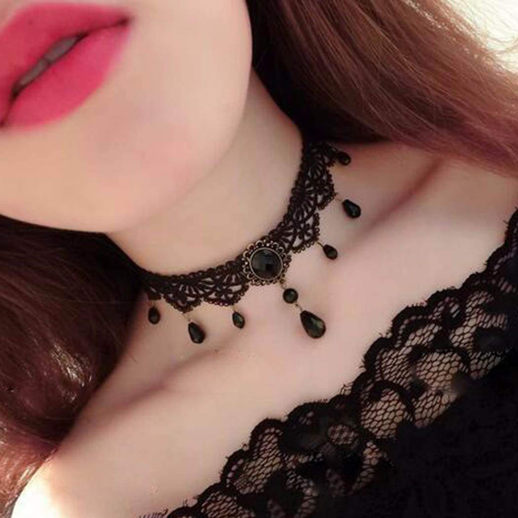 Zoestar Black Lace Choker Necklaces Vintage Crystal Pendant Necklace Punk Chain Accessories for Women