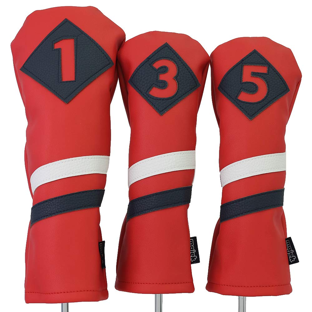 Majek Retro Golf Headcovers Red with White and Blue Stripe Vintage Leather Style 1 3 5 Driver and Fairway Head Covers Fits 460cc Drivers Classic Look