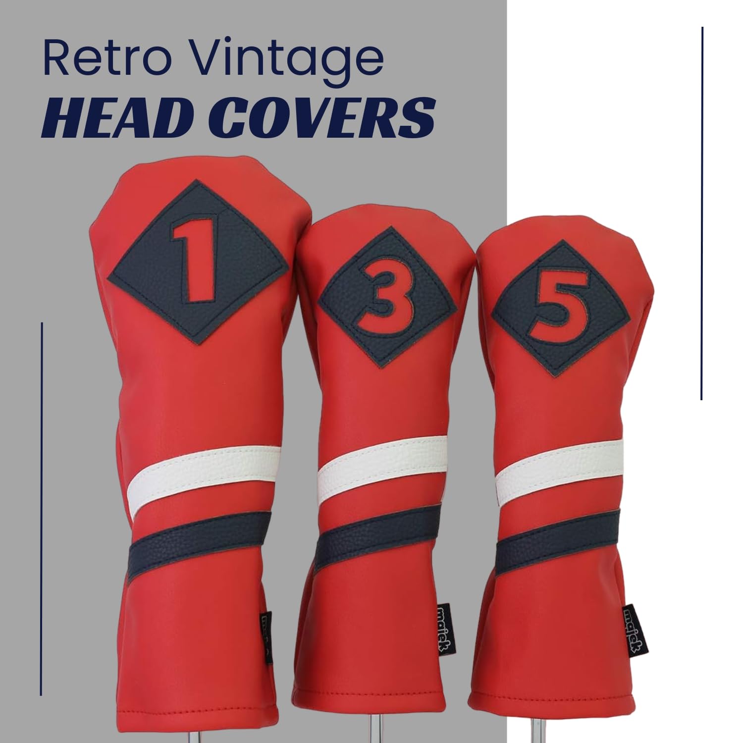 Majek Retro Golf Headcovers Red with White and Blue Stripe Vintage Leather Style 1 3 5 Driver and Fairway Head Covers Fits 460cc Drivers Classic Look