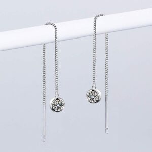 Women 925 Sterling Silver Brilliant Round Cut CZ Needle Threader Pull Through Dangle Earrings