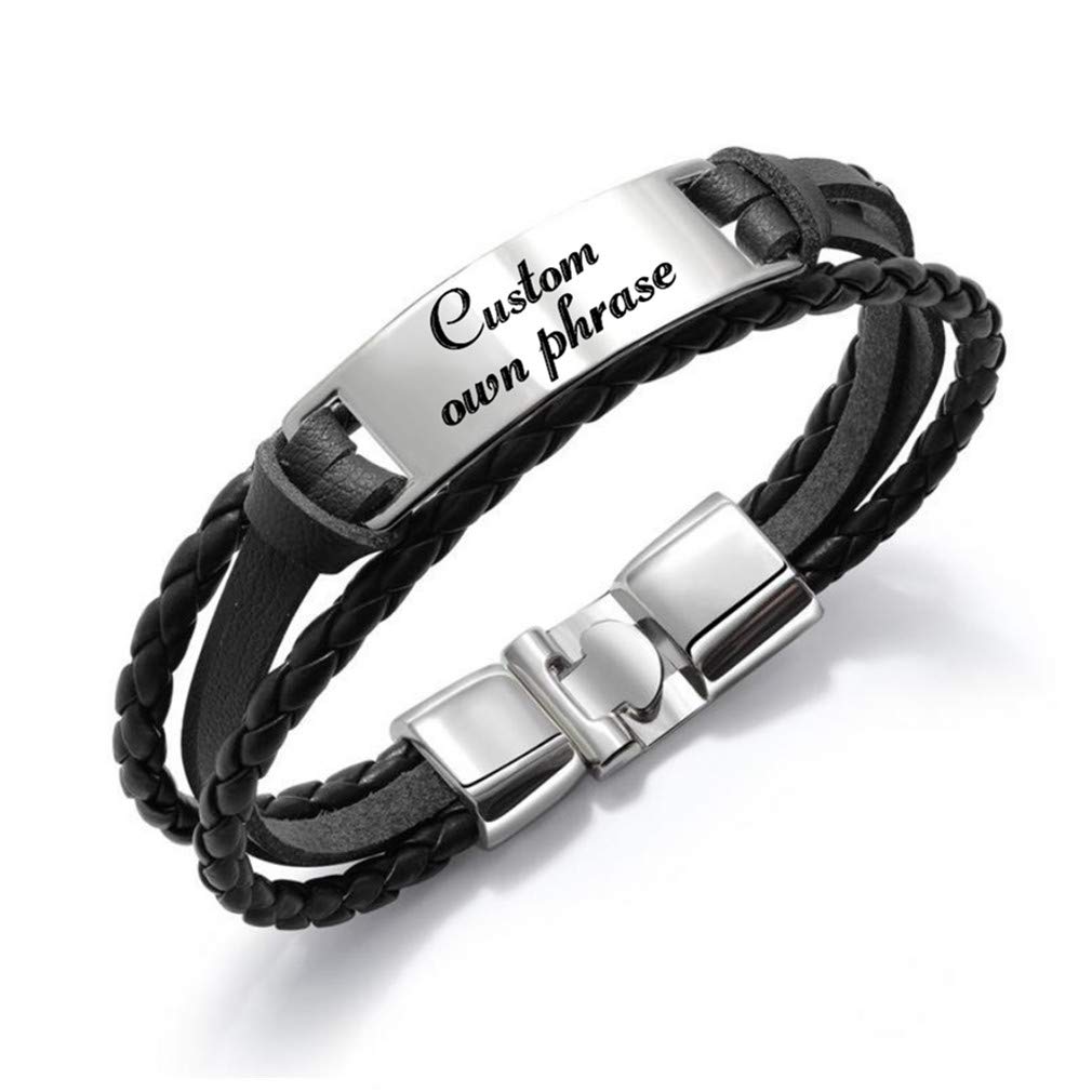 JUPPE Custom Leather Bracelet, Personalized Engraved Stainless Steel Bar Bracelet Bangle Gifts For Men Women Husband (Custom order)