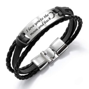 JUPPE Custom Leather Bracelet, Personalized Engraved Stainless Steel Bar Bracelet Bangle Gifts For Men Women Husband (Custom order)