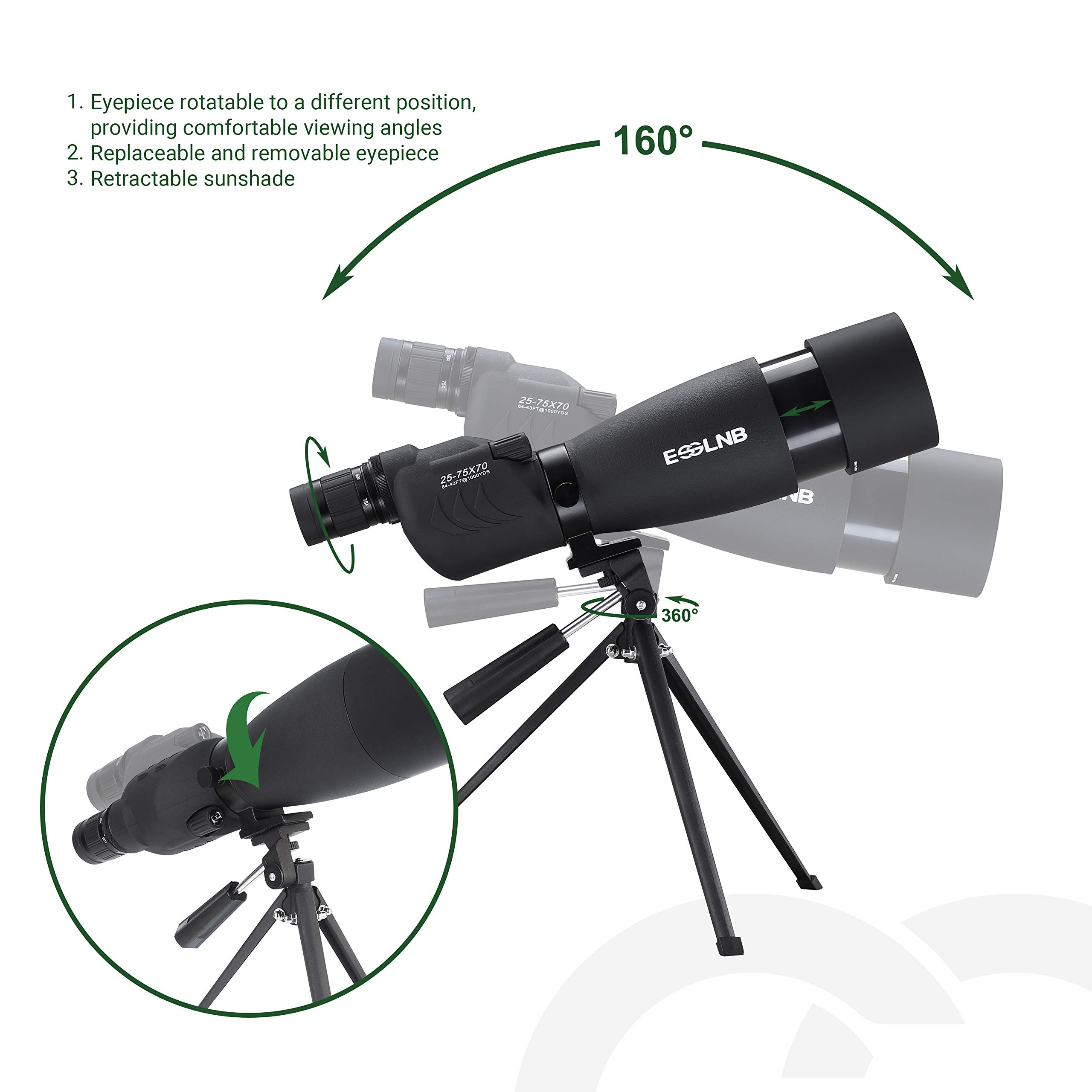 ESSLNB Spotting Scope with Tripod and Phone Adapter BAK4 25-75X70 FMC Target Spotting Scope for Hunting Straight Spotting Scope for Target Shooting Bird Watching