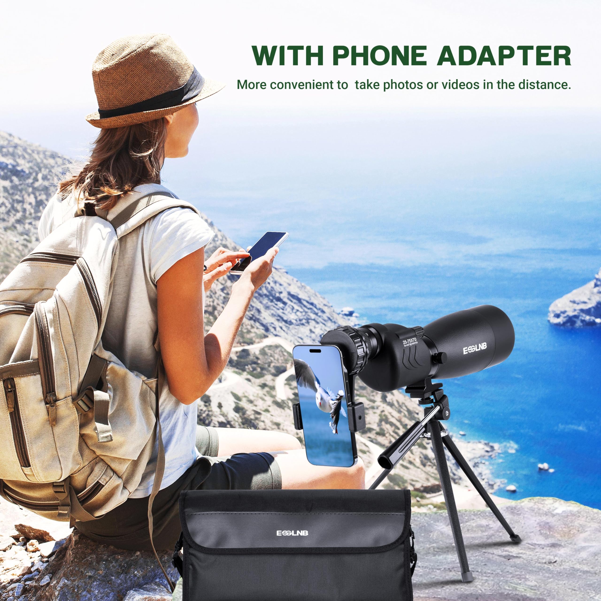 ESSLNB Spotting Scope with Tripod and Phone Adapter BAK4 25-75X70 FMC Target Spotting Scope for Hunting Straight Spotting Scope for Target Shooting Bird Watching