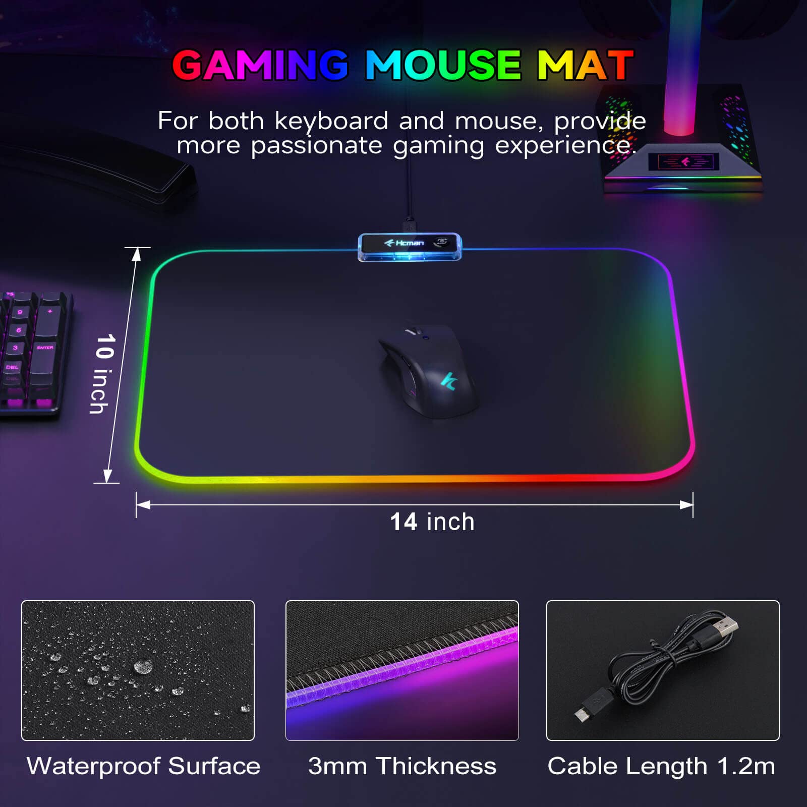 Hcman RGB Gaming Mouse Pad, Small Mousepad 340×245×3mm, PC Gaming Accessories LED Mouse Mat for Desk, Mouse Pads Boy Gifts for Computer Gamer - Black