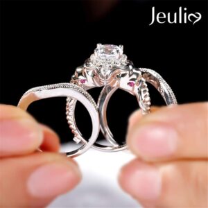 Jeulia 2.5 Carat Elephant Ring 3PC Wedding Ring Set for Women 925 Sterling Silver Round Cut Engagement Rings Cubic Zirconia Bridal Band Rings CZ Solitaire Promise Anniversary Rings for Her (9.5)