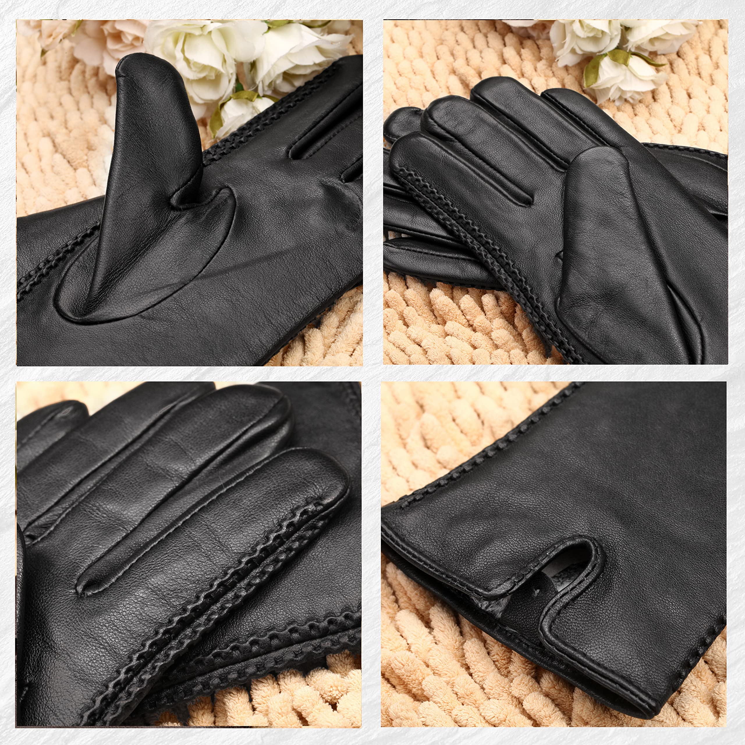 MaxW Winter Womens Leather Gloves Black Touchscreen Sheepskin Gloves Soft Warm Driving Cycling Mitten Faux Rabbit Fur Lining M