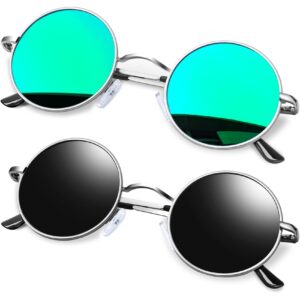 kanastal small round sunglasses for mens womens polarized steampunk glasses vintage retro metal frame green mirrored sunglasses 2pack